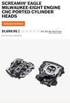 Screamin' Eagle Harley Milwaukee 8 Water Twin Cooled Cnc Ported Heads 16500379. Fixed Price $949.00.